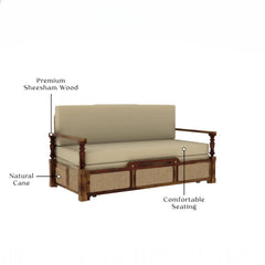 Sheesham Wood 3-Seater Sofa Bed with Cane Weaving and Premium Upholstery