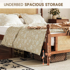 Wood Platform Bed with Rattan Headboard & Footboard, Carved Wooden Bedposts