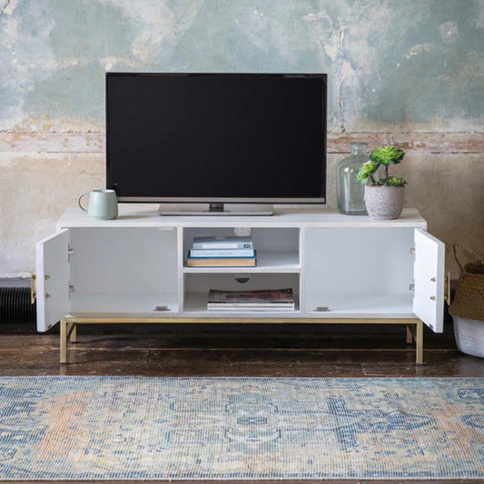 Mango Wood Floor Standing TV Entertainment Unit Set Top Box Stand (White Finish)