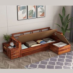 L-Shaped Sheesham Wood Multifunctional Corner Sofa with Storage