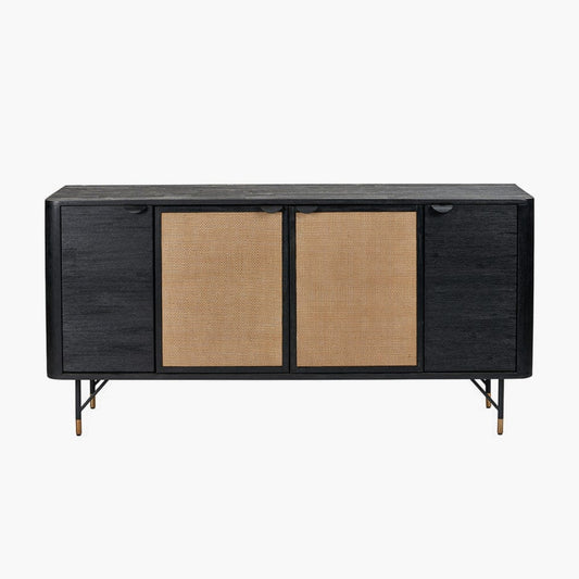Black Acacia Wood Sideboard with Natural Rattan Panels – 4 Doors