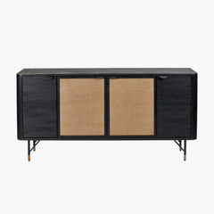Black Acacia Wood Sideboard with Natural Rattan Panels – 4 Doors