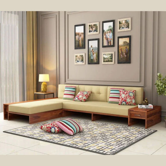 L-Shaped Wooden Sofa with Side Storage Drawer
